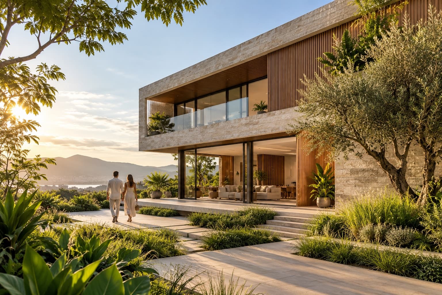 Casal caminhando pelo jardim de uma casa contemporânea, em uma cena ilustrativa de um novo lar